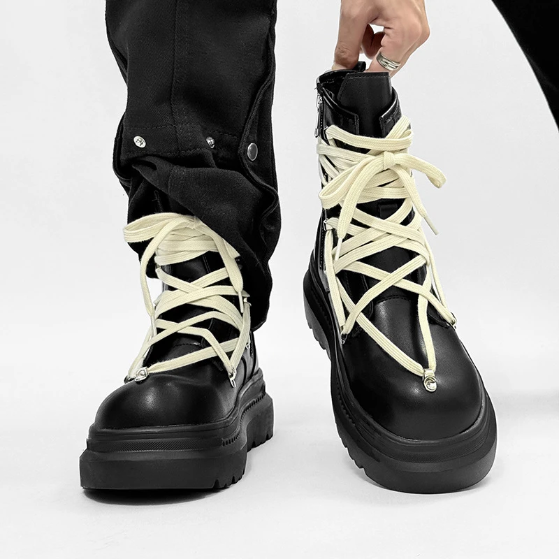British style men casual punk stage high motorcycle boots black designer shoes cowboy original leather boot trend platform botas
