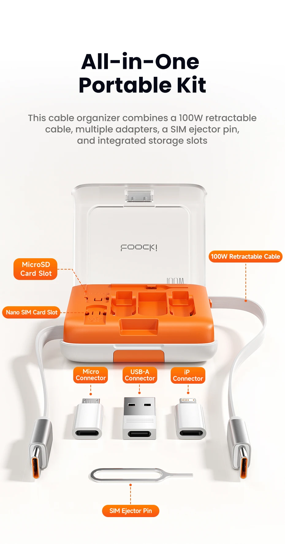 Toocki PD100W Einziehbares Schnellladekabel-Set mit verstecktem Telefonständer & Multi-Adapter für iPhone 16 15 Samsung S23 Xiaomi – Detail 3