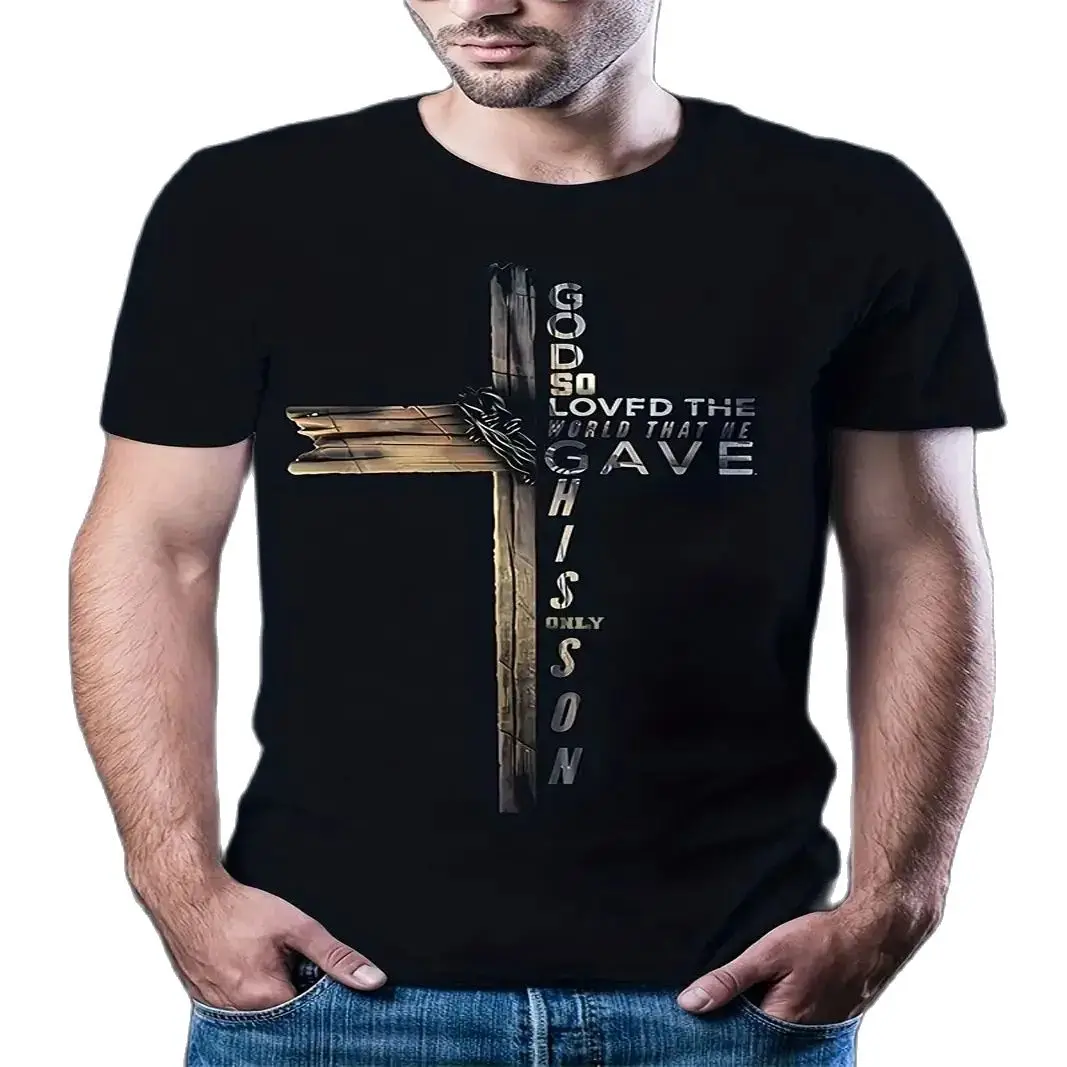 Camiseta de cuello con estampado de Dios y Cruz para hombre, camisetas informales cómodas, ropa para vacaciones diarias, estilo clásico