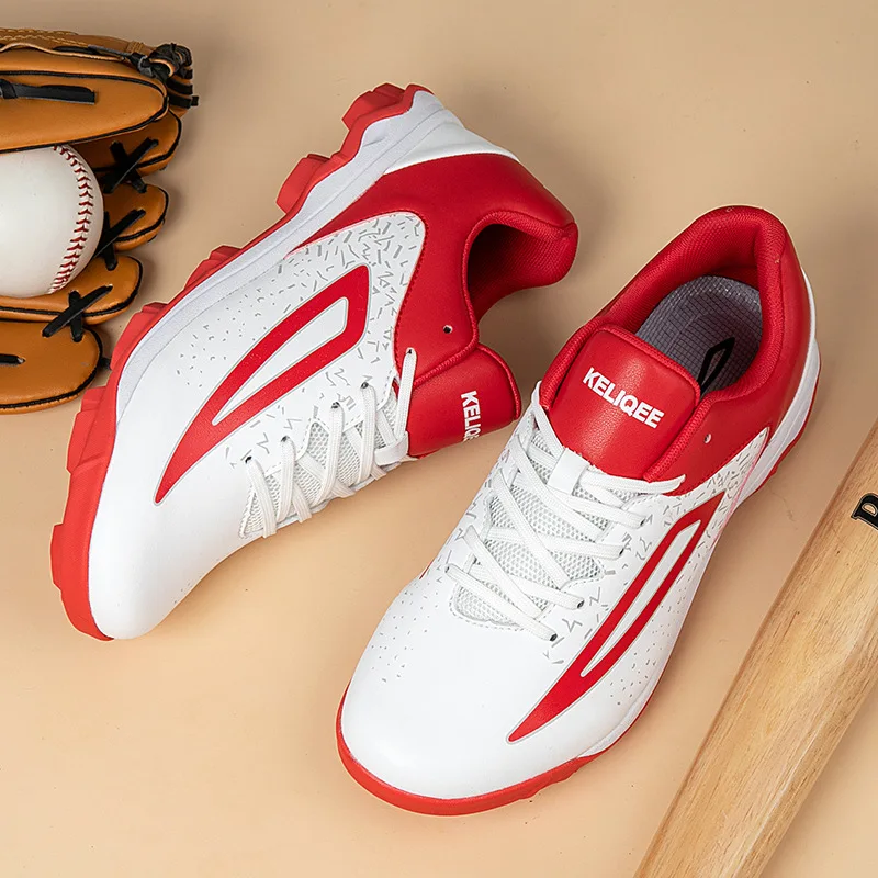 Zapatos de béisbol de alta calidad para hombre, calzado deportivo antideslizante, color blanco y rojo, talla grande 46, profesional