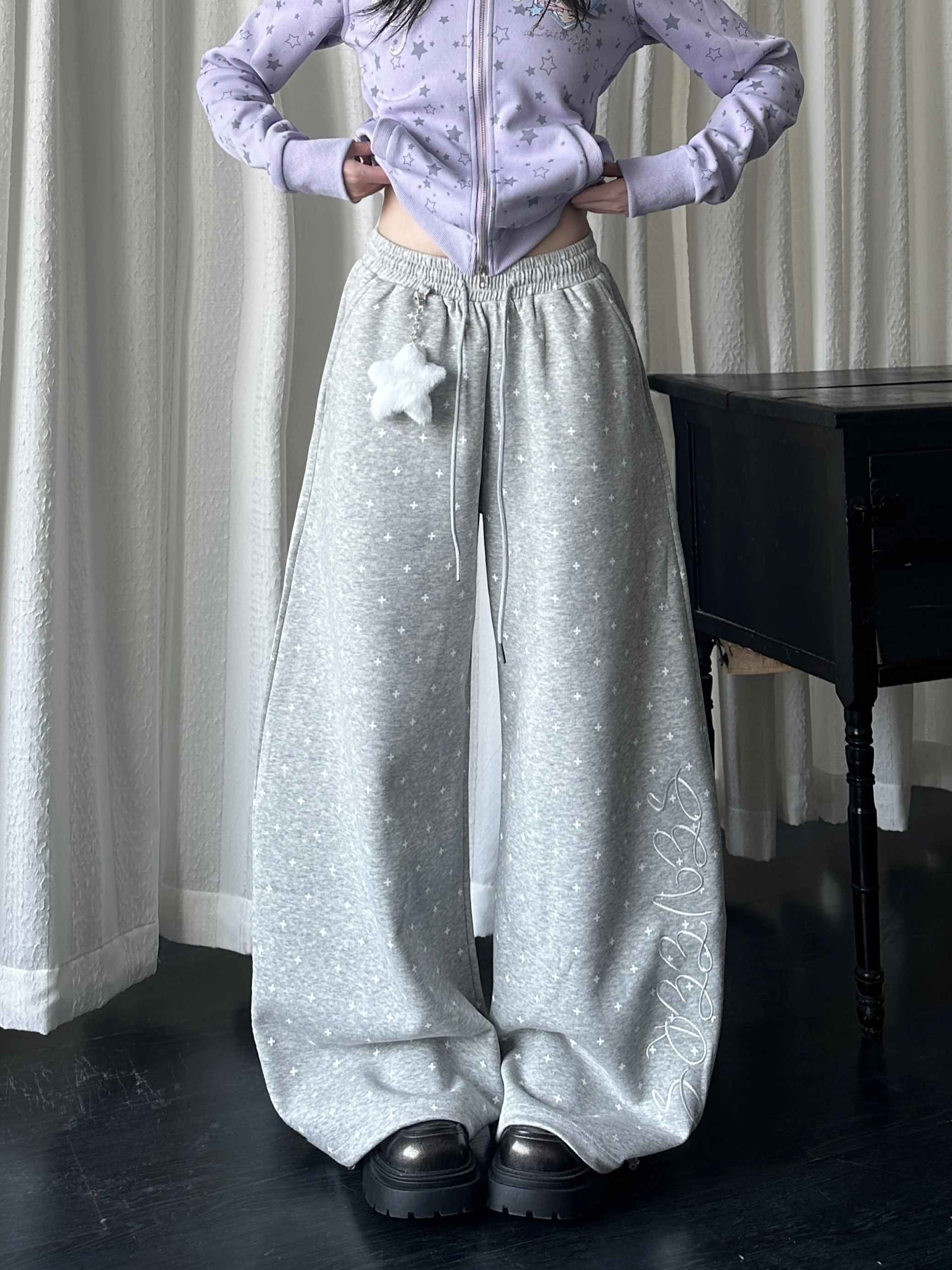 

Свободные женские брюки с широкими штанинами, асимметричный дизайн, удобные повседневные брюки с принтом звезд, с высокой талией, длинные, из смеси полиэстера и хлопка