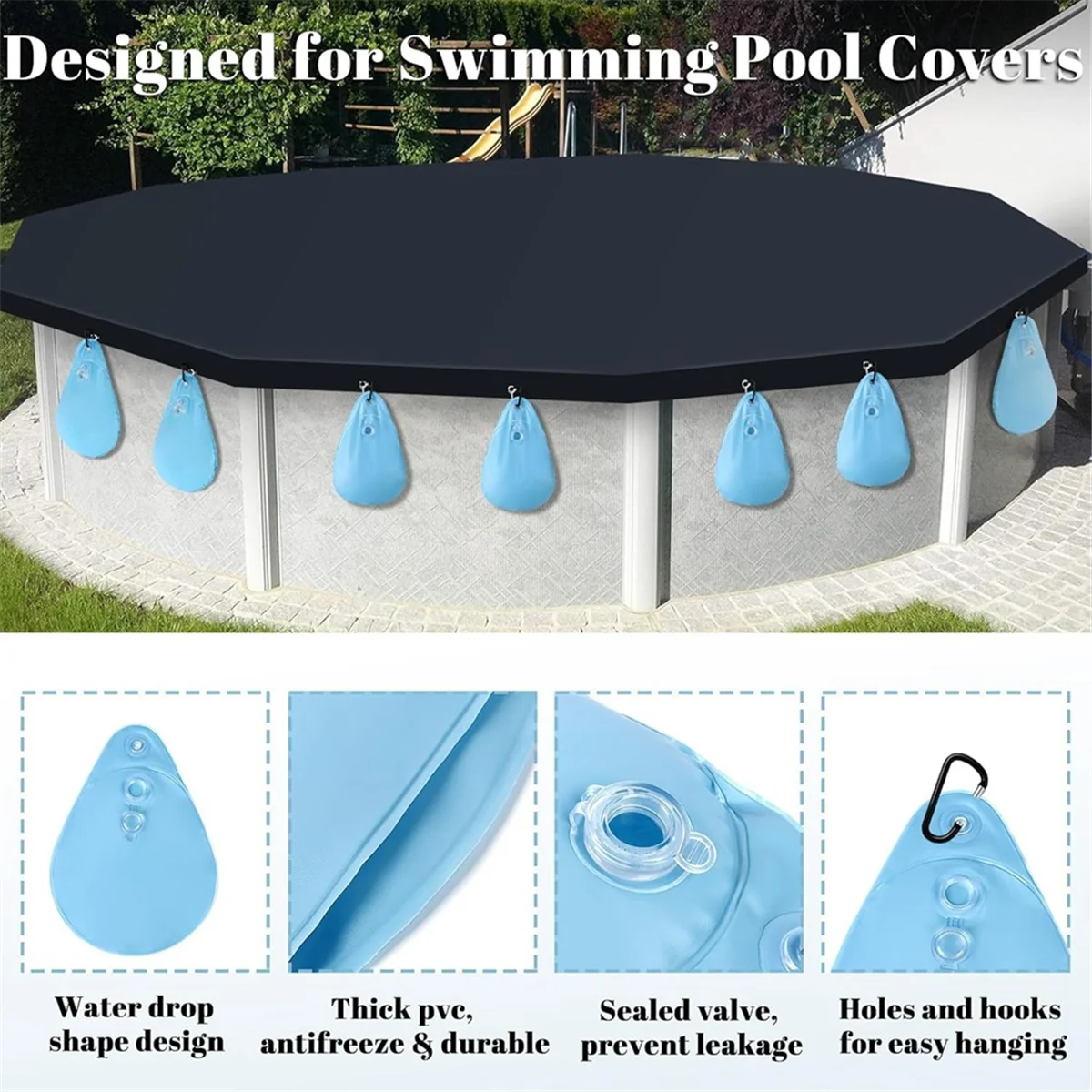 

B17CB 8 Pcs Pool Cover Weights with Hooks, Leakproof Swimming Pool Cover Hanging Bag for Above Ground Pool Cover