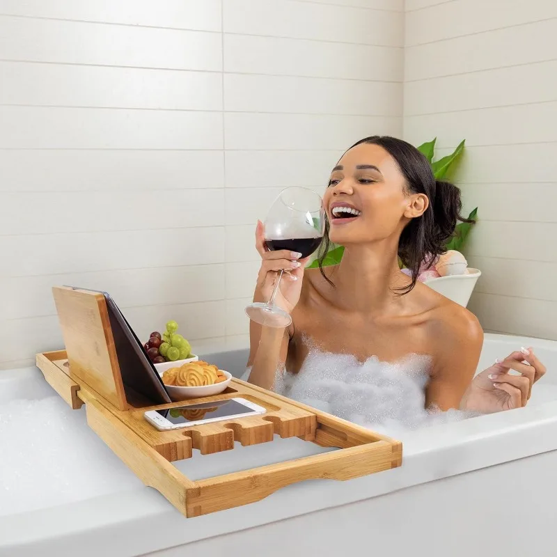 Bamboo Bathtub Caddy Tray Bath Tray for Tub, Adjustable Bathroom Bathtub Organizer with Book Tablet Wine Glass Cup