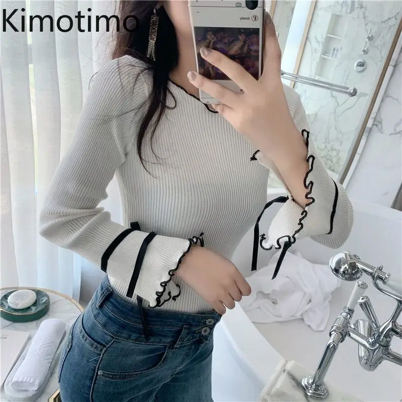 

Kimotimo, осенний вязаный пуловер с грибковыми краями на шнуровке и расклешенными рукавами, женский милый облегающий укороченный топ с тонкой подошвой, нежный свитер Y2k