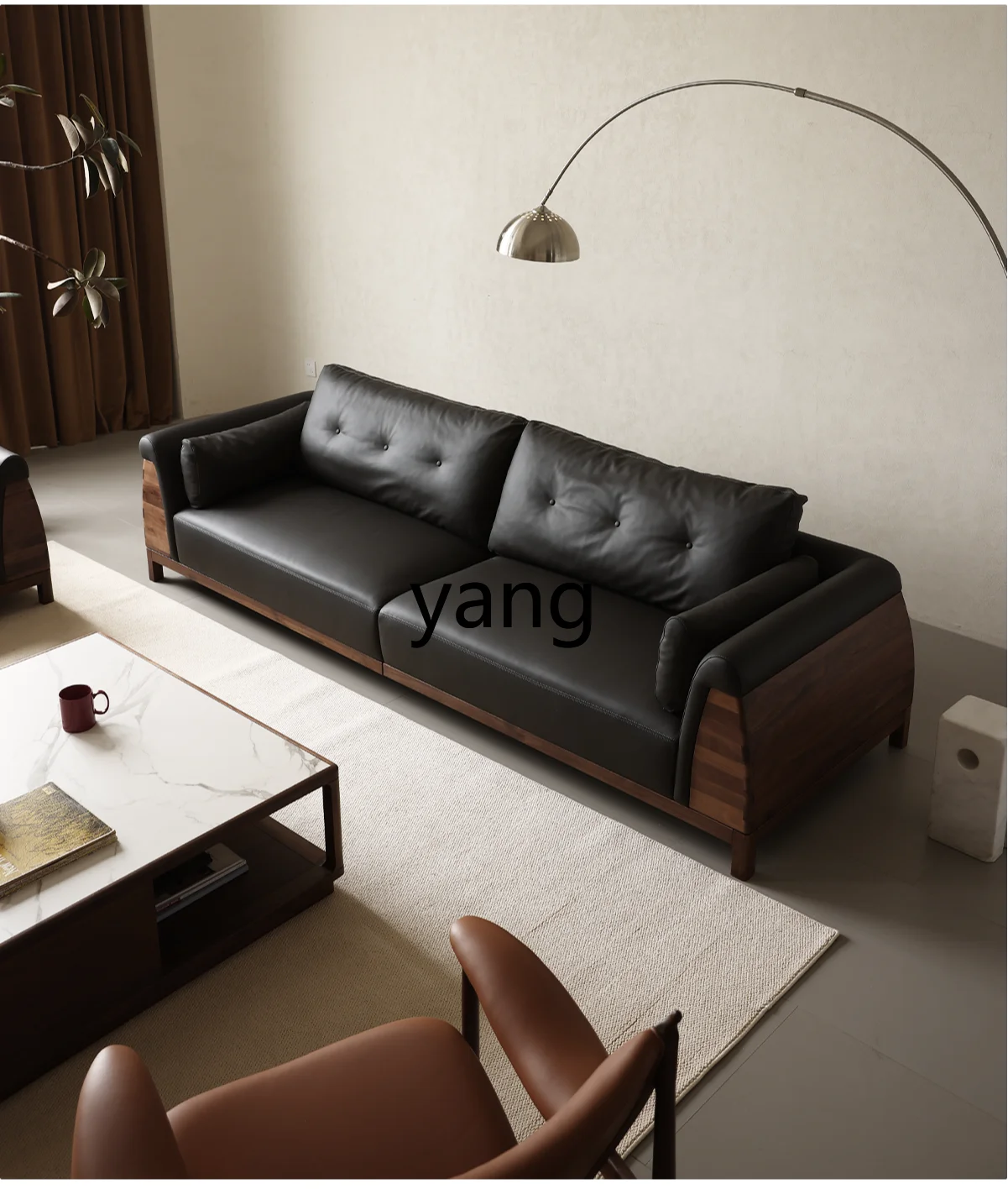 LMMblack walnut solid wood sofa light luxury leather down sofa first layer cowhide winter and summer dual use
