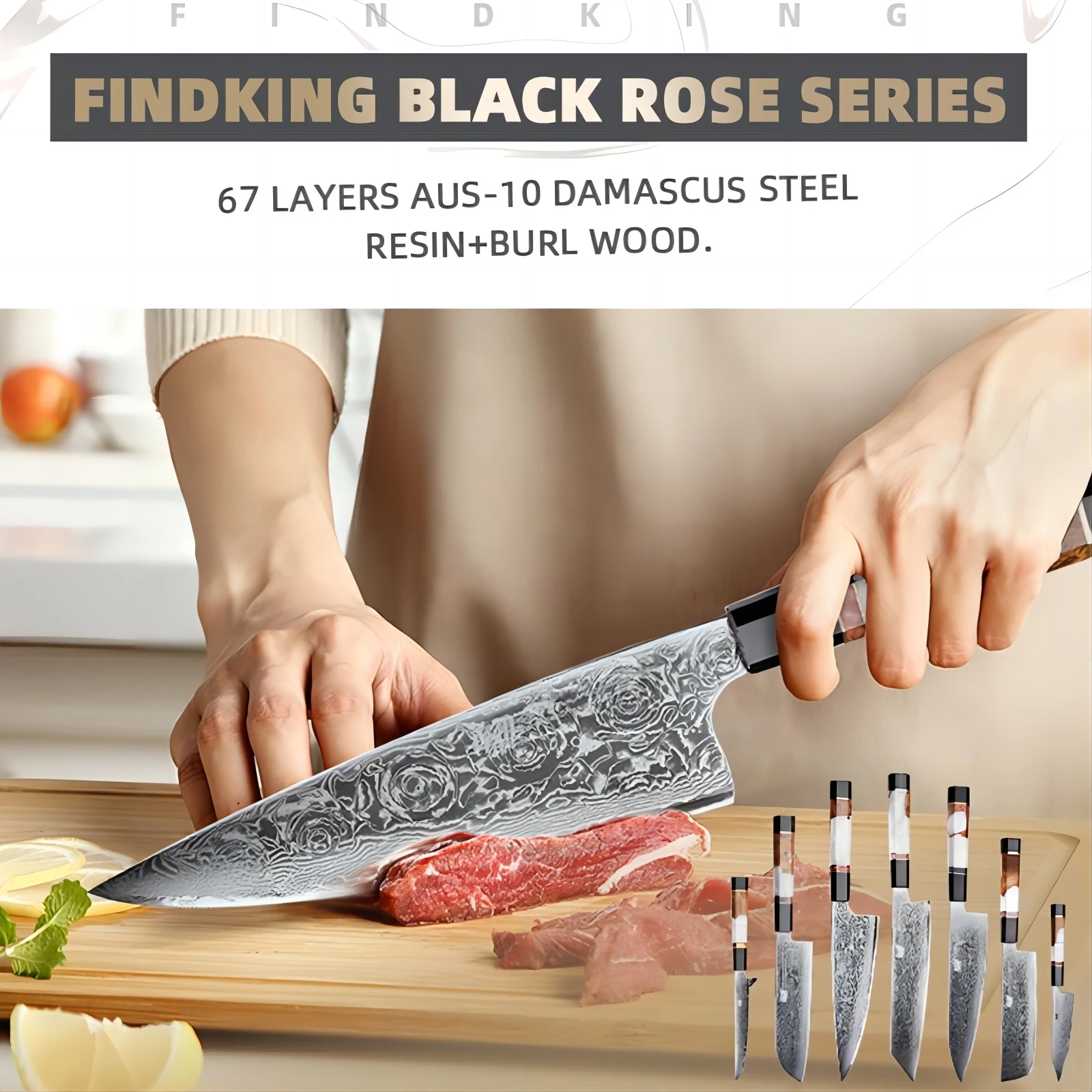 

FINDKING Black Rose Series AUS 10 Damascus Steel Knife Set Exquisite Gift 7 PCS Kiritsuke Santoku Nakiri Chef Kitchen Knife Sets