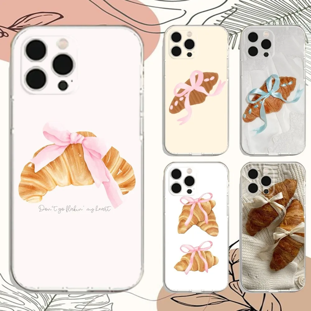 Ins Simple Ribbon Bow Croissant Phone Case For iPhone Apple 15,14,13,12,Mini,11,Pro,Max,Plus,X,XR,XS,8,SE,2020,Plus Transparent