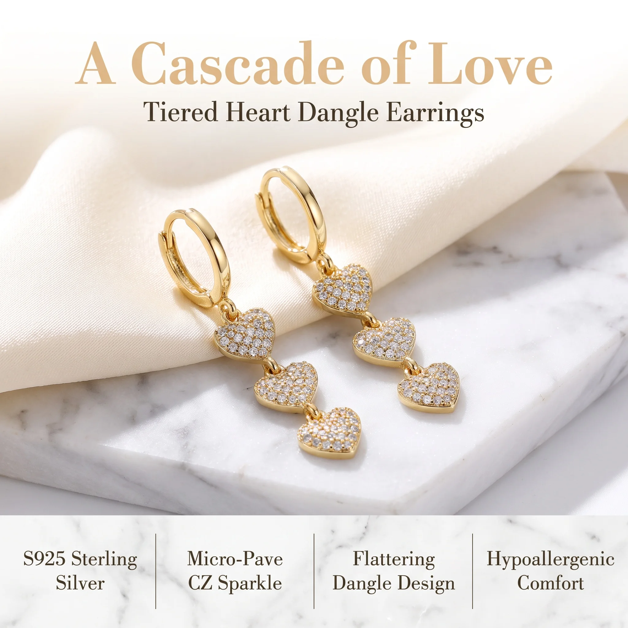 Exquisite 925 sterling silver long heart-shaped fringed earrings, versatile with diamond pendants, women's style earrings