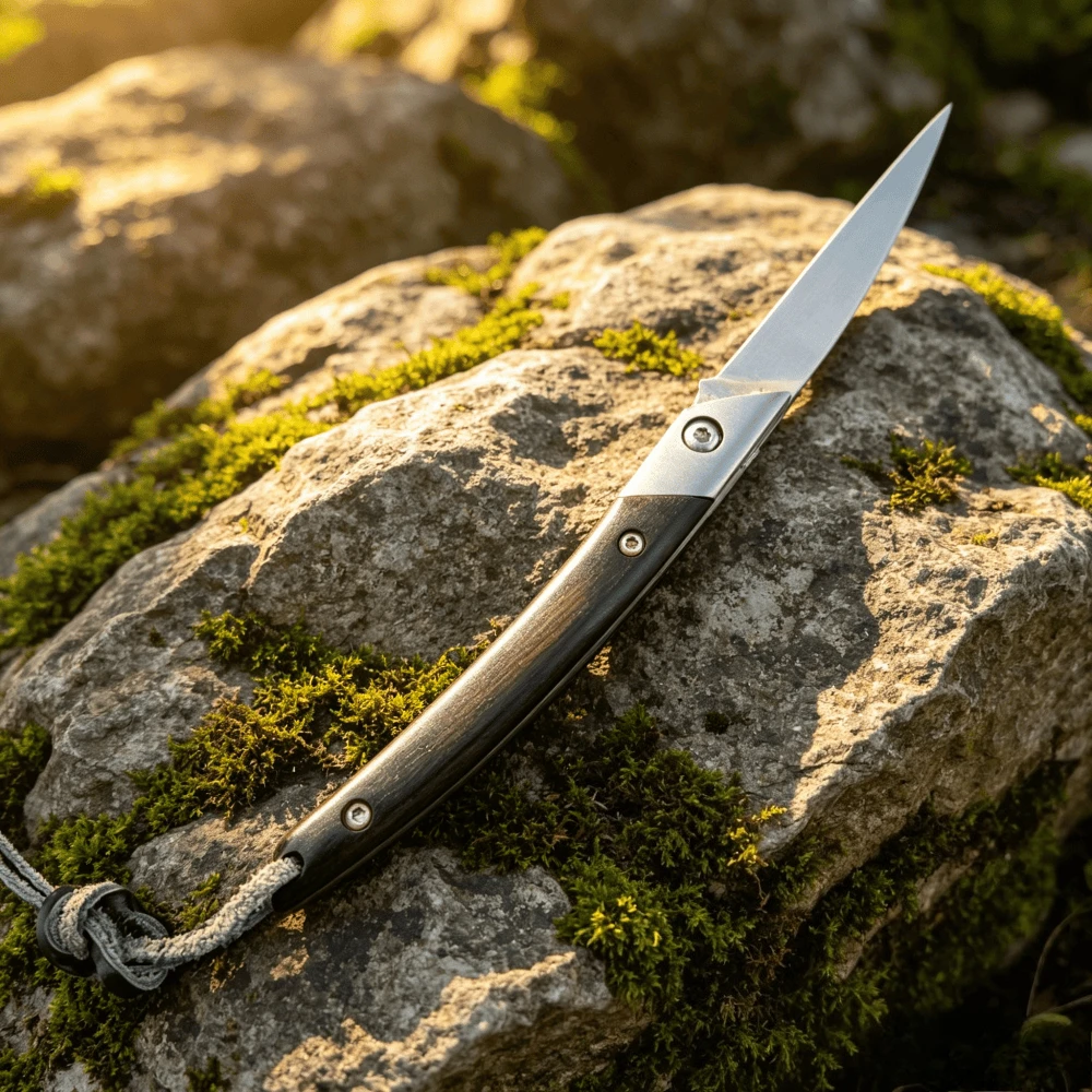 Camping Slim Wood Handle Folding Knife with Lanyard EDC Outdoor Climbing & Fishing Rope Cutting Knives Lightweight Portable Tool