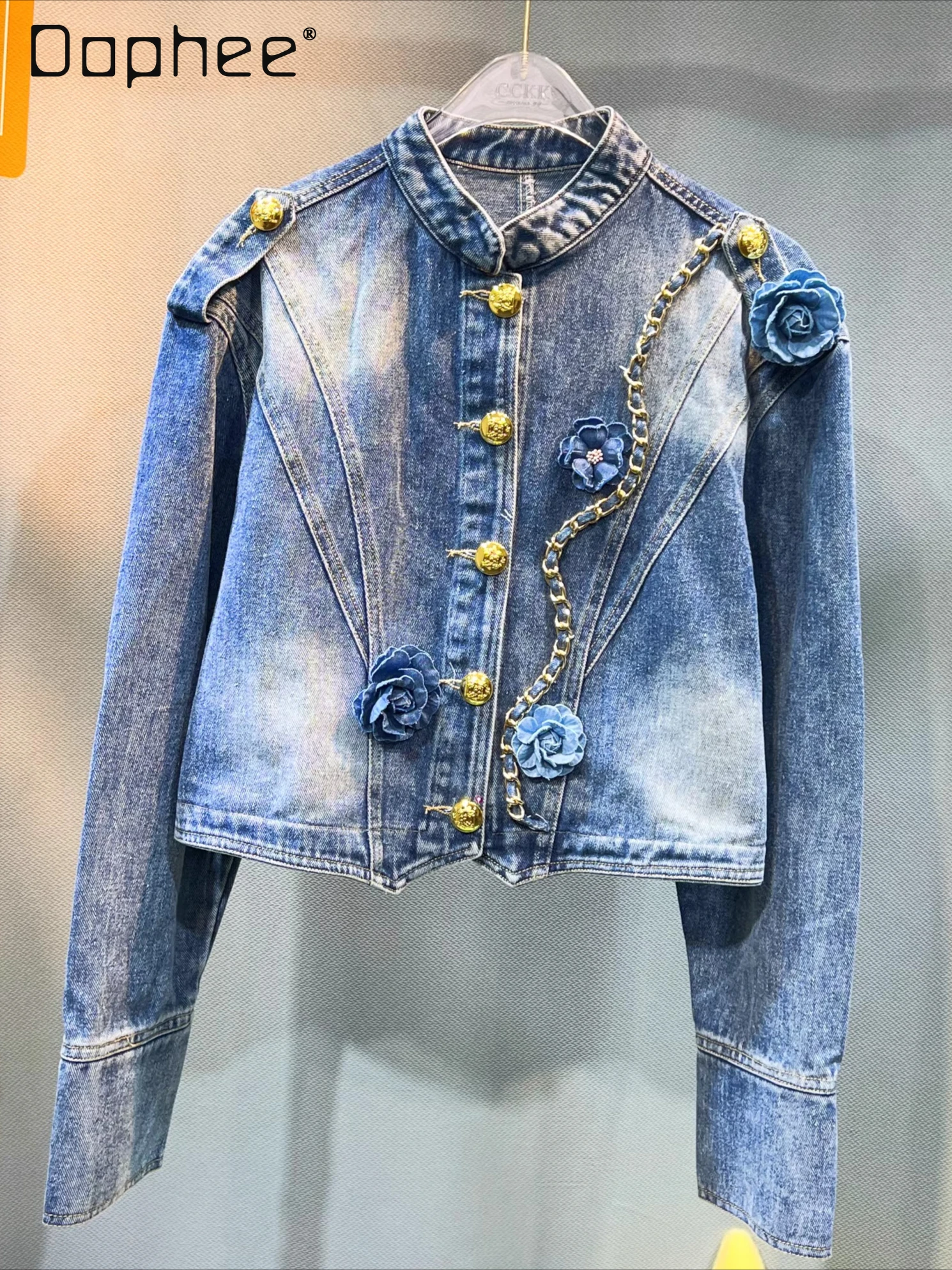 

Heavy Industry Flower Single-breasted Chain Denim Jacket Autumn Commuter Style Fashion Loose Long-sleeved Jean Jacket for Women