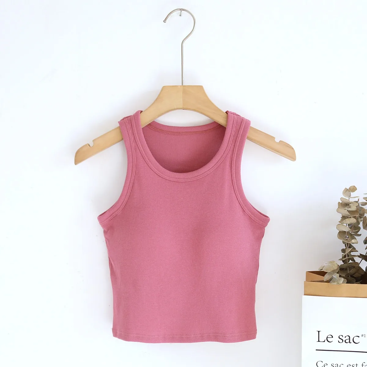 Ribbed Women\'s Camisole Solid Color Sleeveless With Padded Bust Wireless Crop Top Base Layering Undershirts Female Short Camis