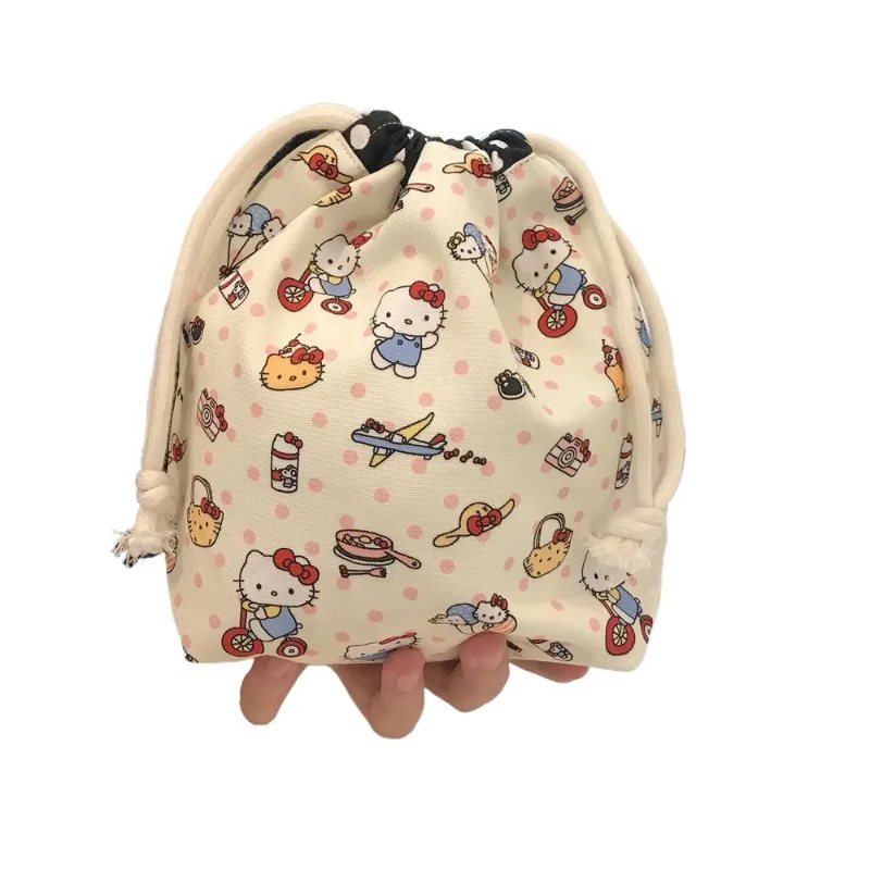 Hello Kitty Niedlicher Cartoon-Beutel mit Kordelzug und hohem Fassungsvermögen, bedruckter Stoff, Kosmetik-Organizer für Reisen, Retro-Stil, Kleinigkeiten-Beutel
