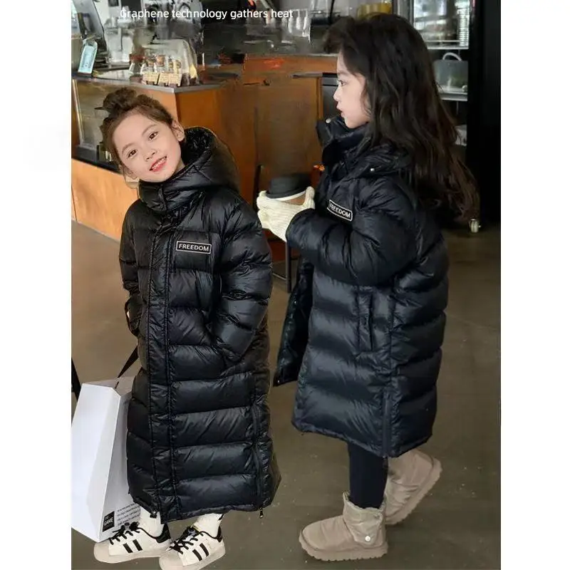 

2025 New Girls Down Jacket Winter New Fashion Big Children's Knee Length Hooded Cotton Jacket 100-170CM