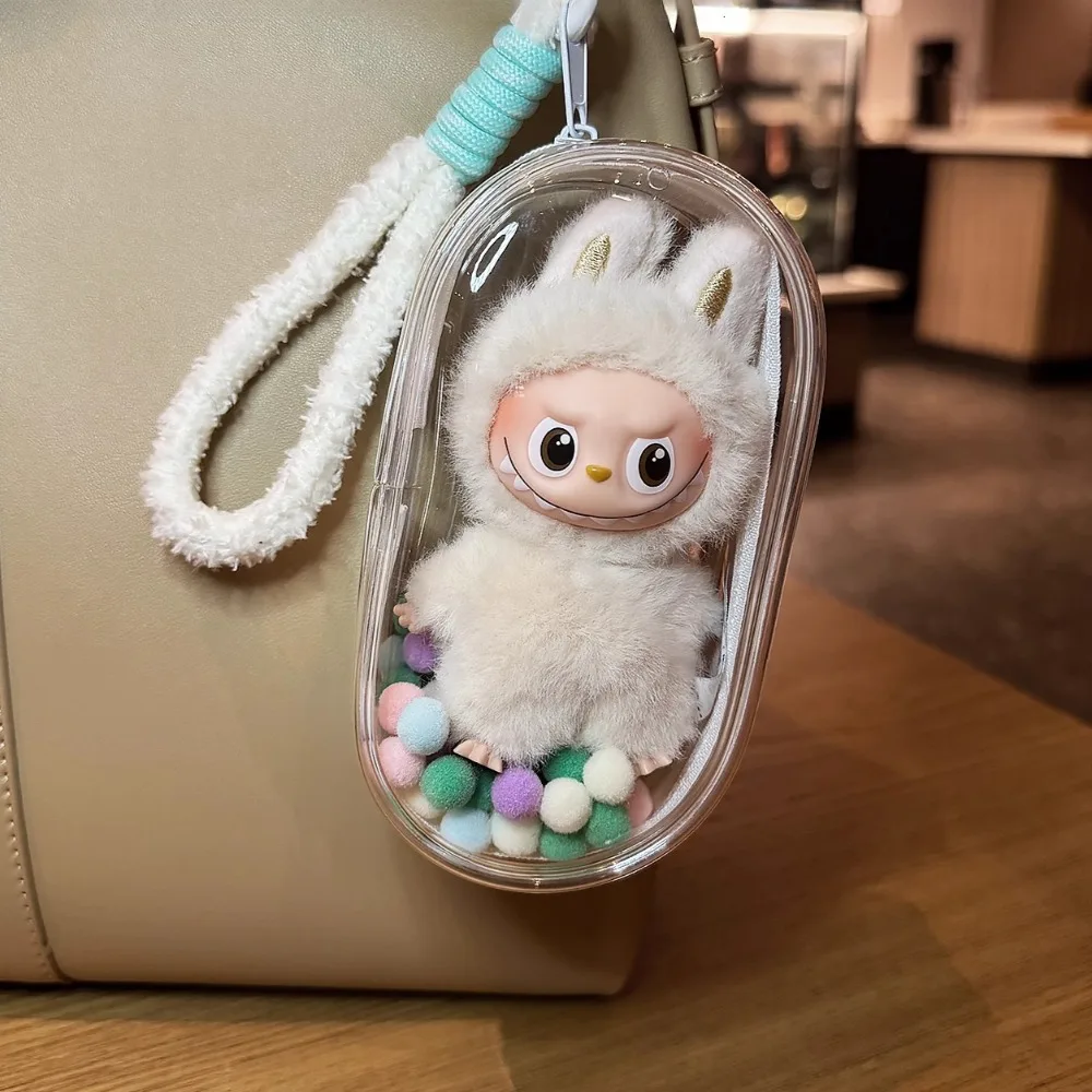 

PVC Storage Bag for 10cm Mini Ropa Labubu Pin for Love Series Convenient Travel Doll Bag Matching Strap Rope Hairball