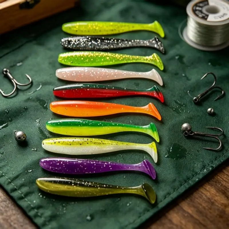 10 Stück weiche Angelköder mit Schwanz, die eine realistische Schwimmwirkung aufweisen und in leuchtenden Farben für Angelausflüge und andere Aktivitäten im Freien erhältlich sind. – Detail 1