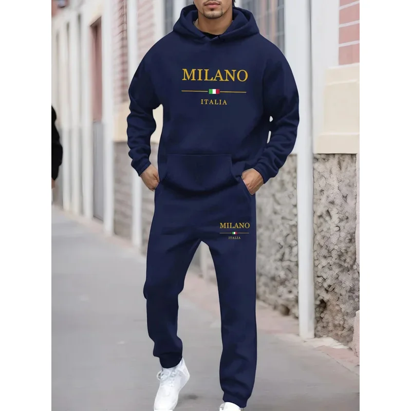

Men's autumn and winter casual fashion warm MILANO ITALIA pattern printed loose plush thick hooded sweatshirt+sweatpants set