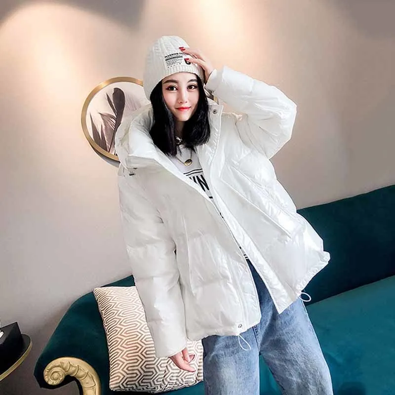 Candy Color Short Puffer Jacket Korean Hooded Shiny Down Jackets Orange Yellow Drawstring Long Sleeve Winter Parkas Female Coat