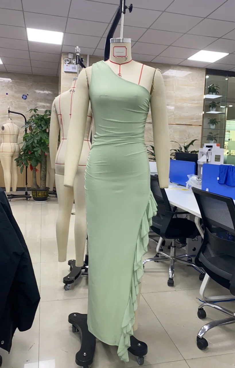 Women's Summer y2k Fairy Sleeveless One Shoulder Dress Solid Color Ruffles Elegant Backless Slim Fit Long Dress Club Party