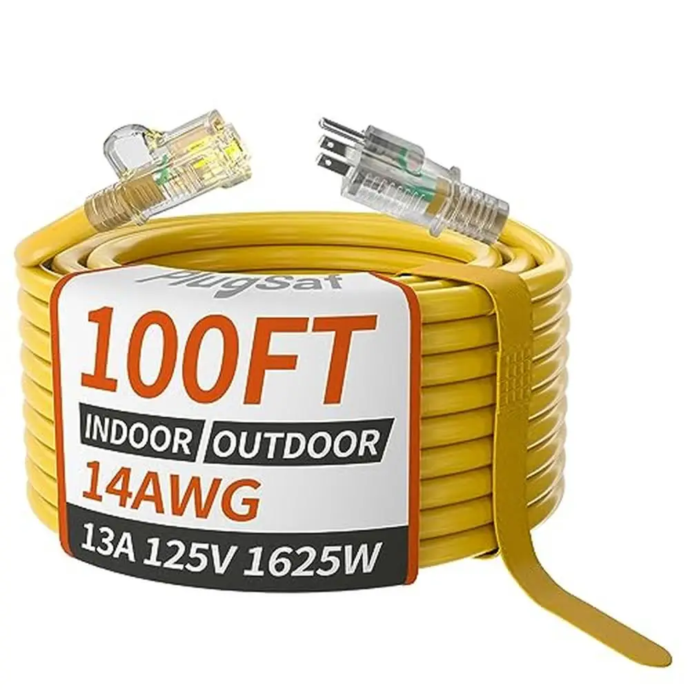 100ft Yellow Outdoor Extension Cord 14/3 Gauge Waterproof Lighted Indicator Flexible Prong Plug Safe Cold Weatherproof Power