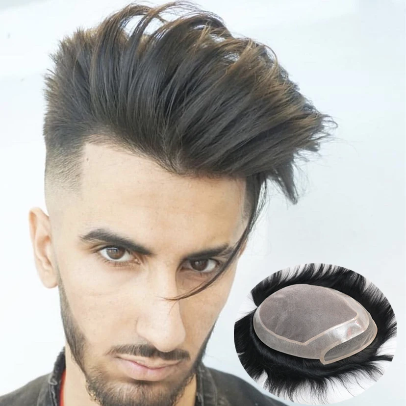 Black Toupee Human Hair Straight Mono Lace Base  With PU Around Front Lace Capillary Prosthesis Natural Black Systems Hairpieces