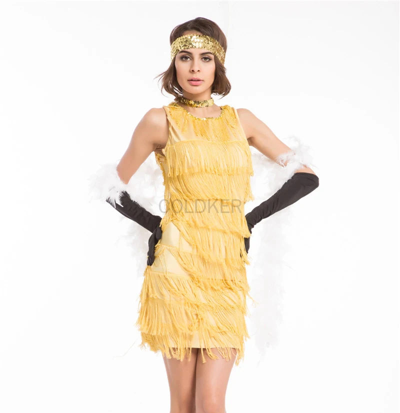 Tassel Dress Women Sexy Summer flapper Costumes 1920s great gatsby Yellow Short Fringe Party Dresses