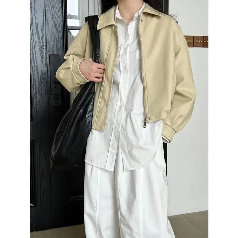 Women Short PU Leather Jacket Spring Turn Down Collar Zipper Long Sleeve Loose Casual Coat