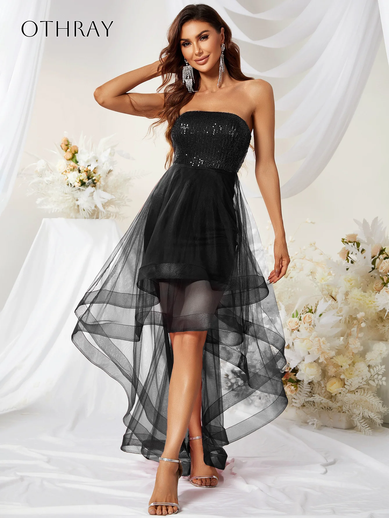 Sequined Strapless Short Cocktail Dresses High-low Tulle Pleated Customized Party Dresses vestidos de gala