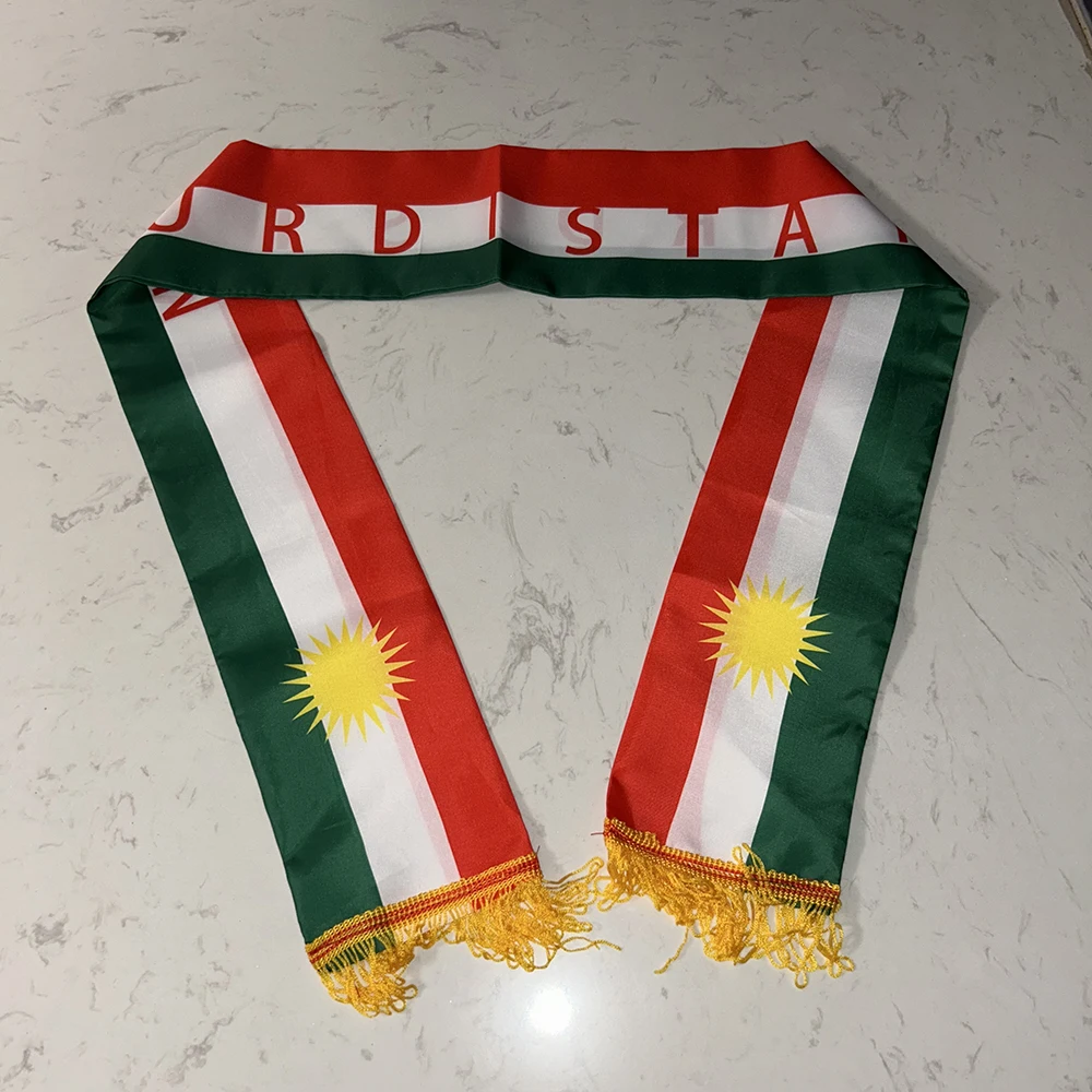 Kurdish Scarf 13x140cm Double-sided Printed Satin Kurdistan Flag Scarf Tassels Suitable for Football Cup, Sports, Events