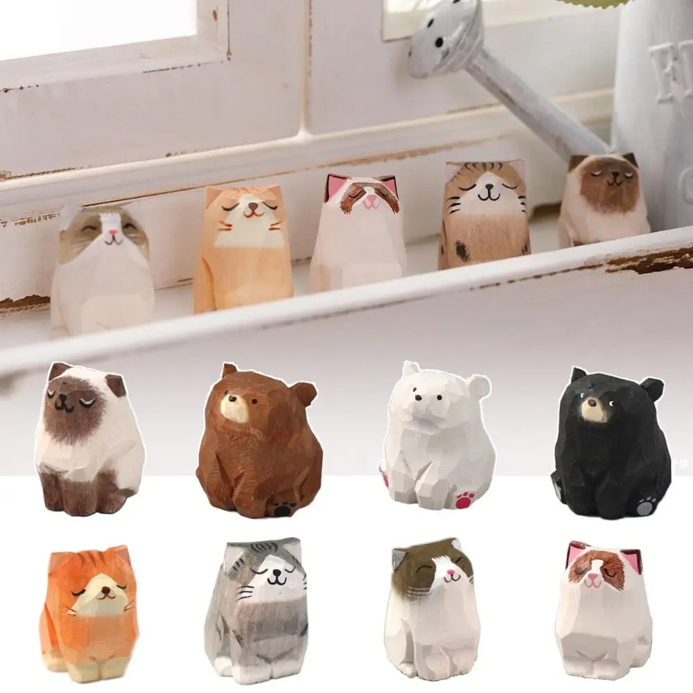 Creative Cartoon Animal Wood Bear Figurine Wooden Kids Carving Cat Statue Home Decoration Art Craft Desktop Knick-knack