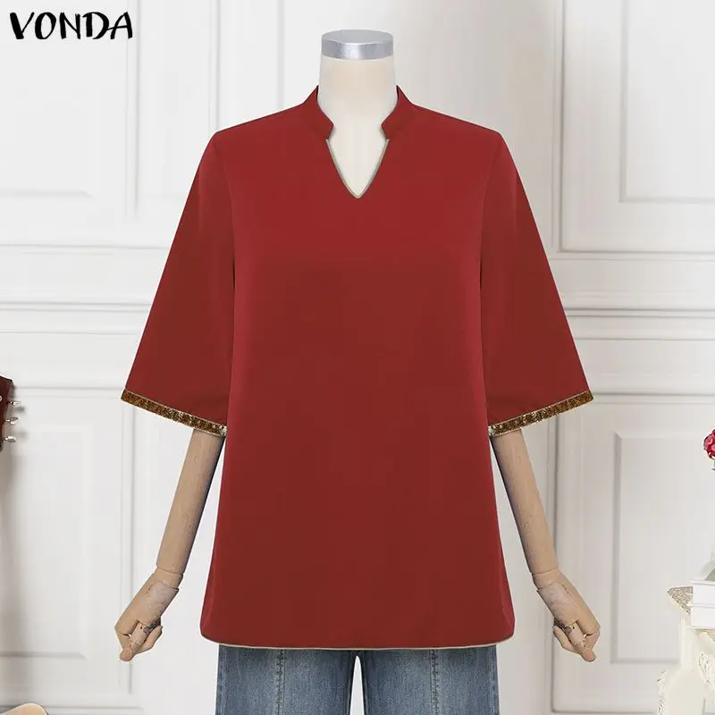 

Plus Size 5XL VONDA Women Shirts Summer Half Sleeve Blouse Fashion V-Neck Color Patchwork Pullovers Tops Casual Oversized Blusas