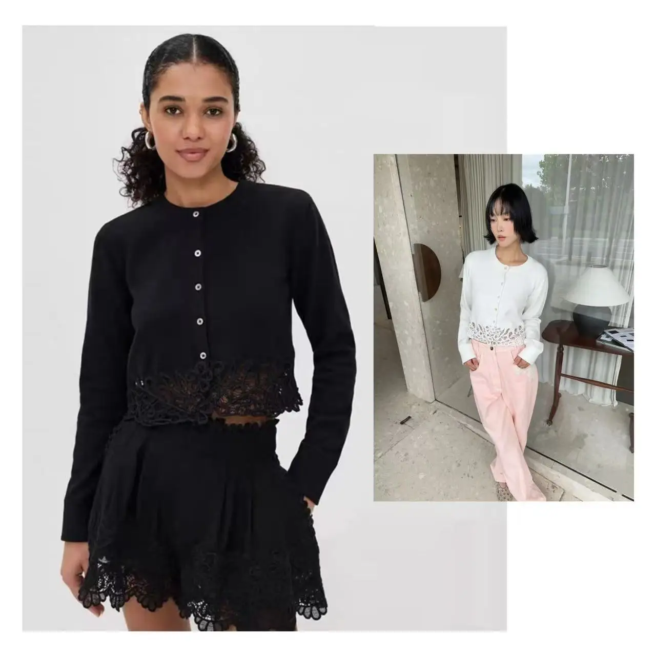 

Sweet Embroidered Hollow out ort Knit Sweater in Two Colors New York Sle Autumn Faion Women's Soft Cotton Long Sve