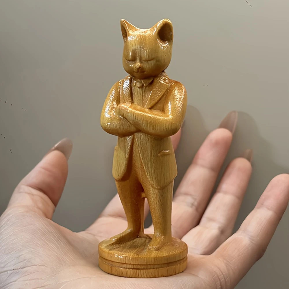 Wooden Mr. Cat Figurine, Hand-Carved Animal-Themed Artwork, Creative Home and Office Desktop Decoration, Modern Style Study Room Ornament