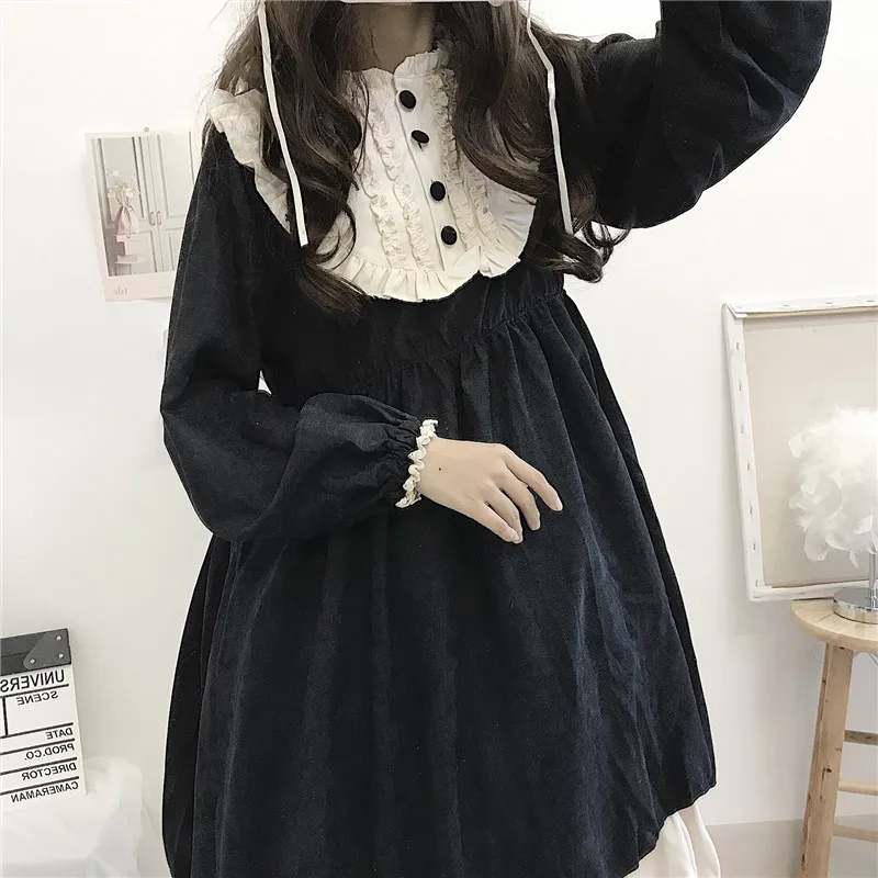 Japanese Lolita Style Women\'S Dresses Spring Autumn O-Neck High Waist Slimming Contrast-Color Ruffled Sweet Dress Kawaii Clothes