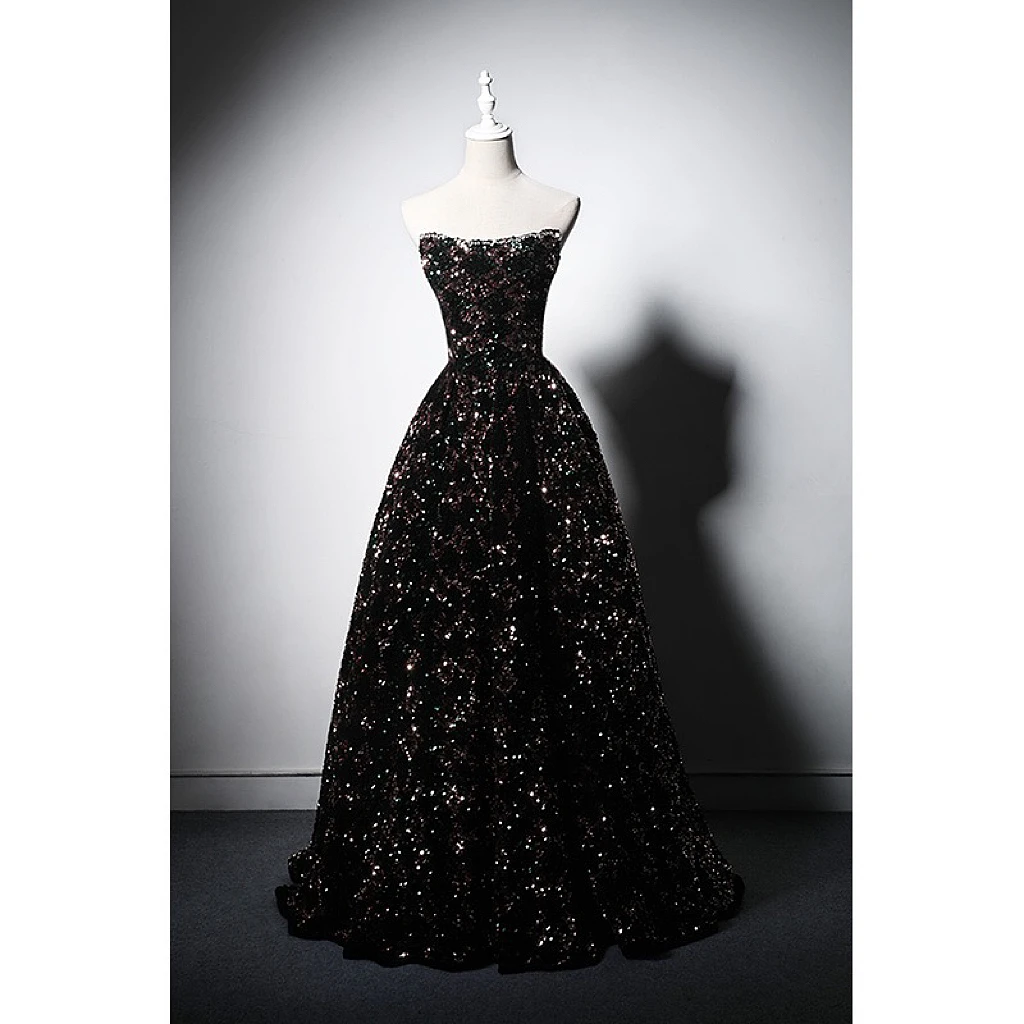 Vestido de noche negro brillante sin tirantes, vestidos de lentejuelas de lujo, línea A, longitud hasta el suelo, fiesta de boda, banquete, baile de graduación, 2023