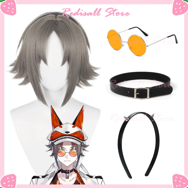 VTuber Mysta Rias Cosplay Wig Orange Glasses Black Choker Hairband Rivet NIJISANJI Luxiem Short Grey Hair Virtual Idol Headwear