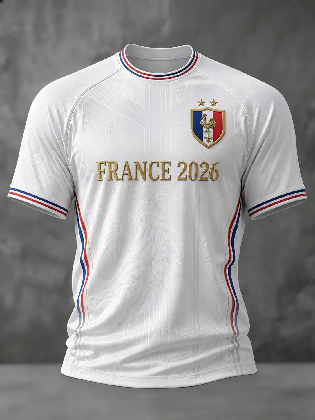 2026 France National Soccer Jersey Two Star Gallic Rooster Brush Print Raglan Short Sleeve Football T-Shirt Men Fan Sport Top