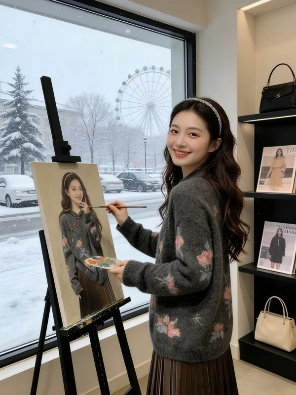 

Chinese Sle Loose Fit Lazy Spring Knitted Sweater Women's Plant Floral Print Inner Wear Casual Long Sve round Ne Top