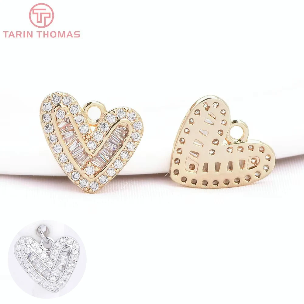 (8707) 4PCS 12x11.5MM 24K Gold Color Brass with Zircon Heart Charms Pendants High quality Diy jewelry Accessories Wholesales