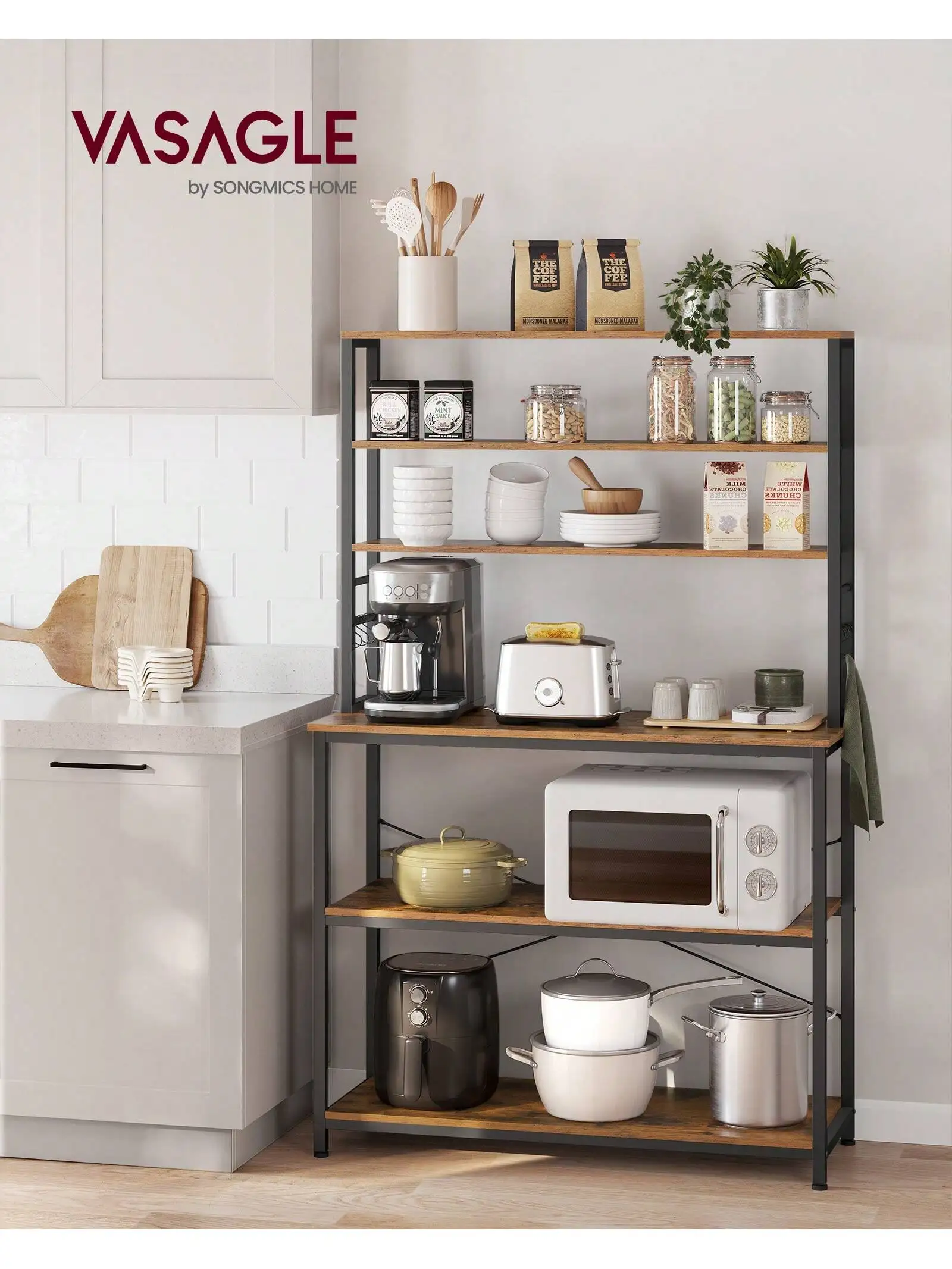 VASAGLE Kitchen Storage Rack, Coffee Bar, Baker Rack, 6 ripiani, 6 ganci, supporto per microonde,