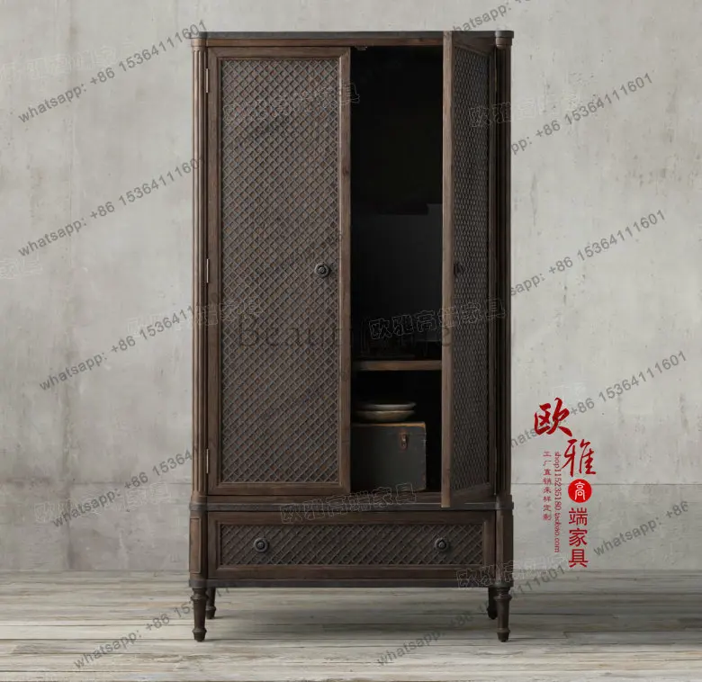 YJ Mediterranean double-door solid wood rattan wardrobe, European antique oak carved pattern wardrobe, American large wardrobe