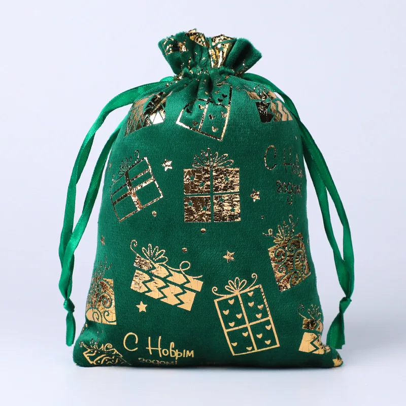 50pcs/Lot 10*15cm Christmas Gift Velvet Drawstrings Bags Hot Stamping Pattern Pouches Fashionable Wedding Candy Packaging Bag
