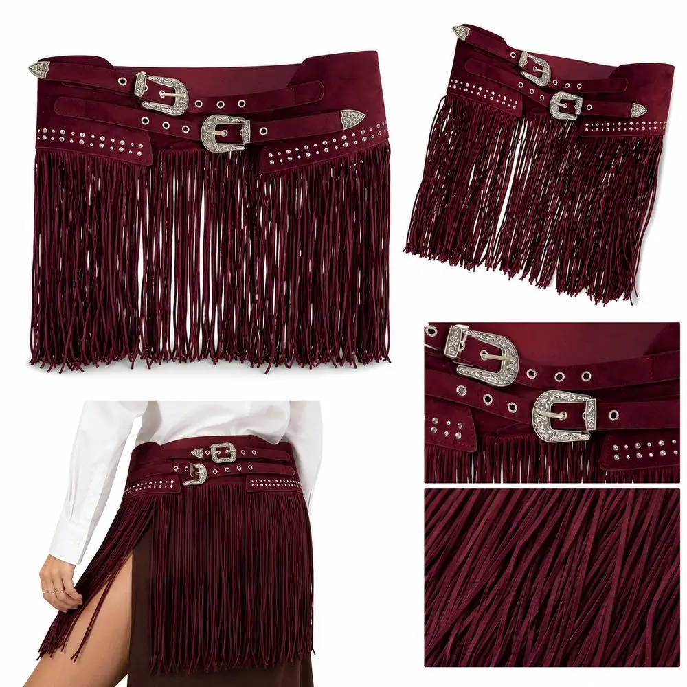Soft Matte Look Western Waist Belt Suede Material Extra Wide Fringe Waist Belt Rivet Decor Boho Belt Western Cowboy Style