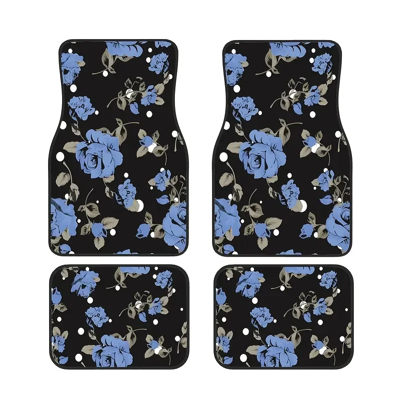 مجموعة واحدة من 4 قطع من سجادات أرضية السيارة الأصلية الأنيقة باللون الأزرق الوردي - 4 قطع، تصميم رائع على شكل زهرة سوداء وزرقاء، مناسبة لـ Luxu #1