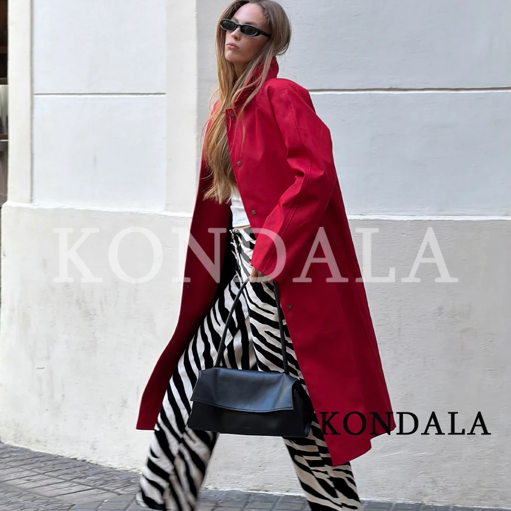 KONDALA Women Fall Elegant Long Trench Coat Commute High Street Single-breasted Trench Coat 2026 Autumn Trendy Casual Red Coat