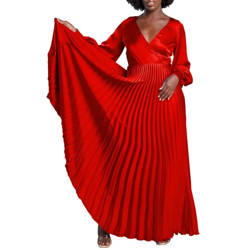 African Party Evening Dresses for Women Spring 2025 Elegant African Long Sleeve V-neck Pleat Maxi Dress Dashiki Africa Clothing