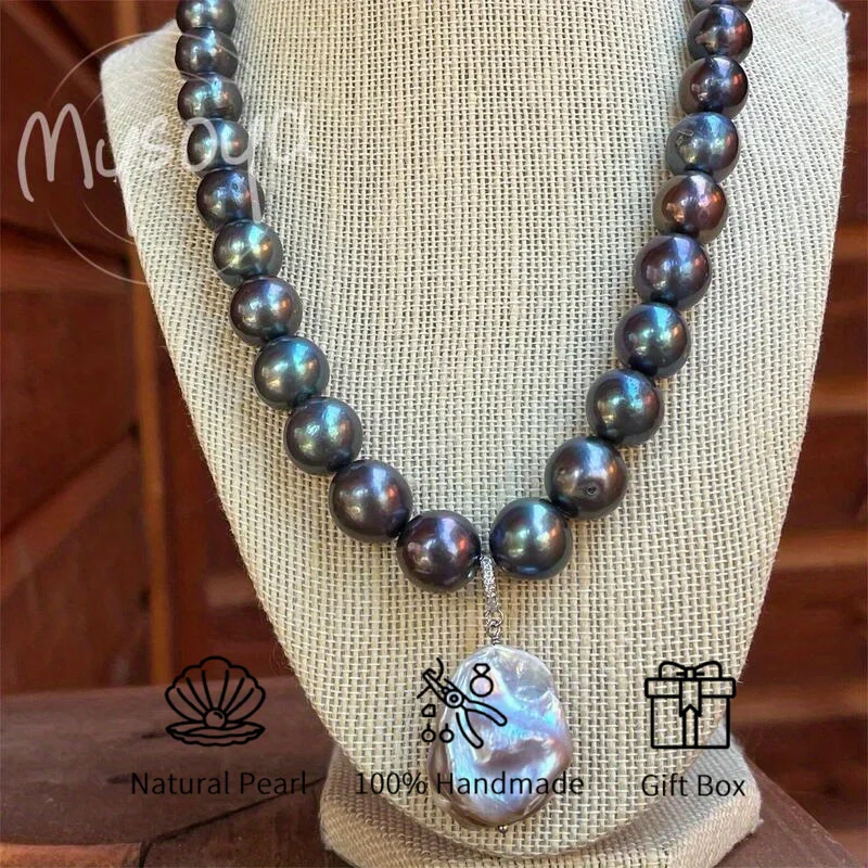 

MYSOYA 10-11 мм черный пресноводный жемчуг ожерелье с подвеской в подарочной коробке идеальный подарок на свадьбу, день рождения, Рождество, Новый год