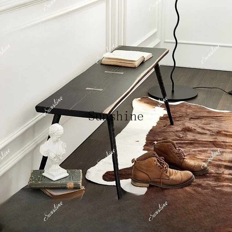 

Nordic bedside stool dining table industrial wabi wind solid wood oak wrought iron natural edge bench