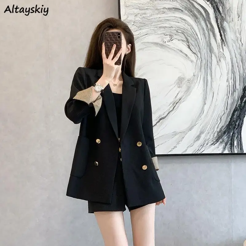 Blazer hitam wanita, blazer hitam wanita saku padat Semua cocok gaya Korea dasar kreativitas sederhana populer kasual anggun