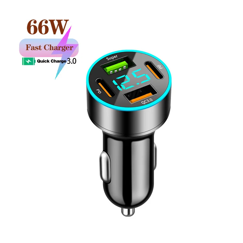 

66W 4Port USB Digital Real-time Voltage car charger QC3.0 car Super Fast charger for Phones Car cigarette lighter adapter