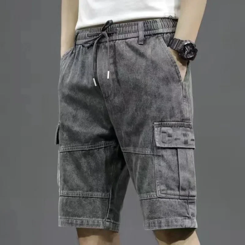 Male Denim Shorts Gray Drawstring with Pockets Men\'s Short Jeans Pants Popular Harajuku Buttons Cowboy Xxxl Korean Fashion Sale